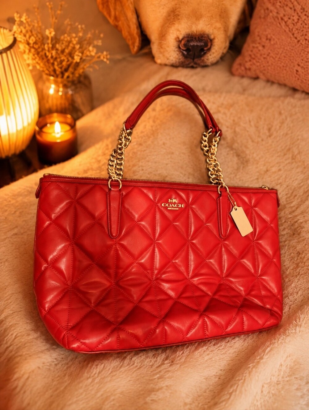 Coach Quilted Red Leather Tote with Gold Chain Handles